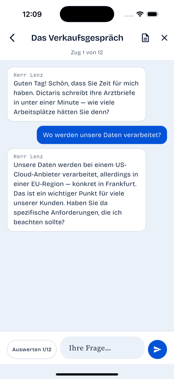 Gesprächsansicht der MedRadar-App mit Wortwechsel zwischen Nutzerin und einem Anbieter