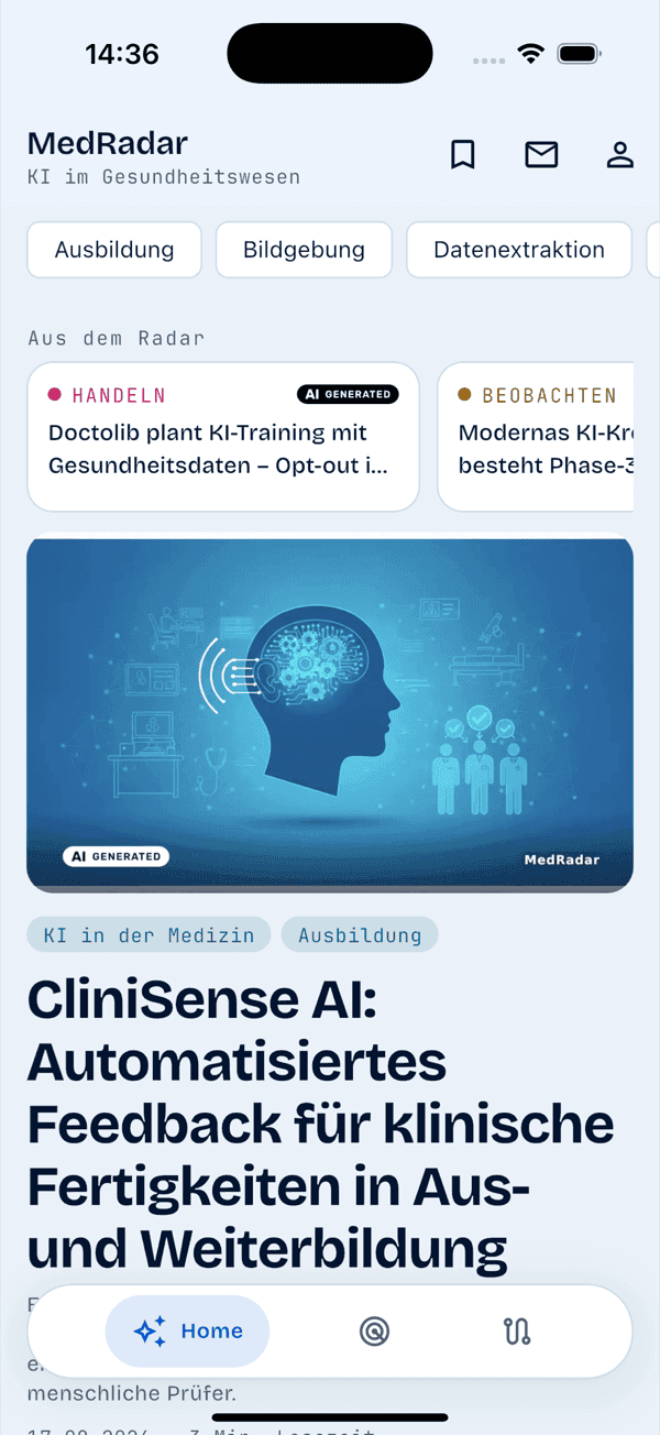 Startbildschirm der MedRadar-App mit Filterreitern und Beitragskarten samt Titelbild