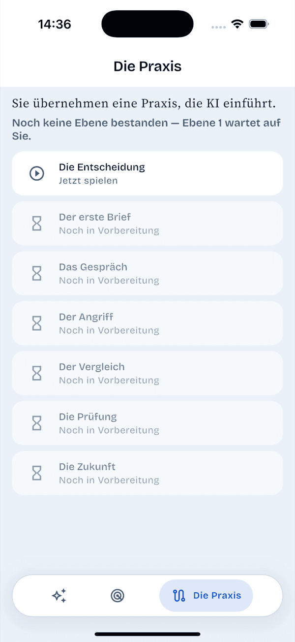 Der Weg in der MedRadar-App mit sieben Ebenen von der Entscheidung bis zur Zukunft