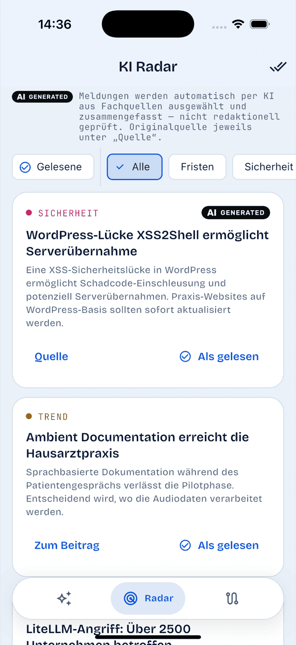 Radar-Ansicht der MedRadar-App mit Meldungen zu Sicherheit und Trends